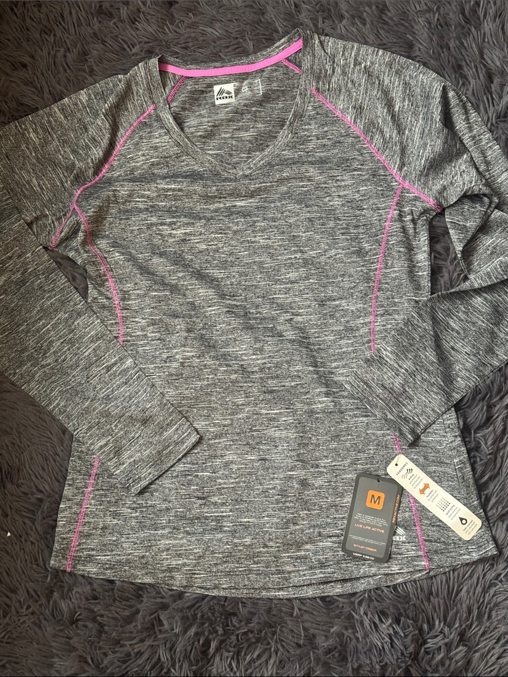 RBX Gray Heather Long Sleeve Top with Pink Contrast Stitching